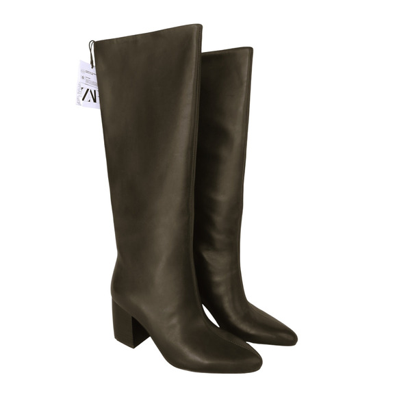 ZARA Brown Pull On Leather Block Heel Knee High Boots Women 9 EU 40 - Picture 1 of 9